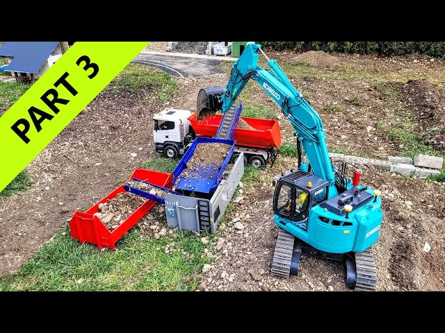 Backfilling and sorting, RC Excavator Kobelco, Caterpilar Bulldozer, Scania Truck, Scale. Part 3