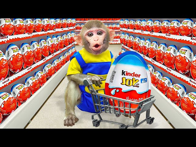 KiKi Monkey go shopping Kinder Joy Eggs at store and get trouble in the toilet | KUDO ANIMAL KIKI