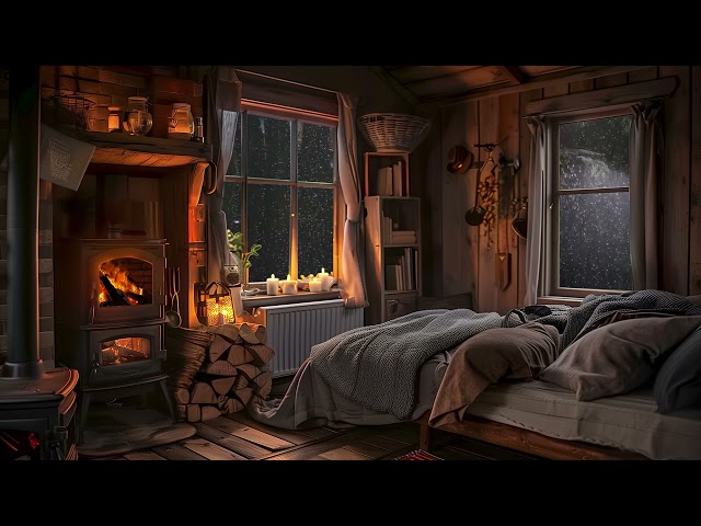 Rain Sounds for Deep Sleep with Fireplace Firewood Burning in a Cozy Wood Cabin丨Cozy Cabin Ambience
