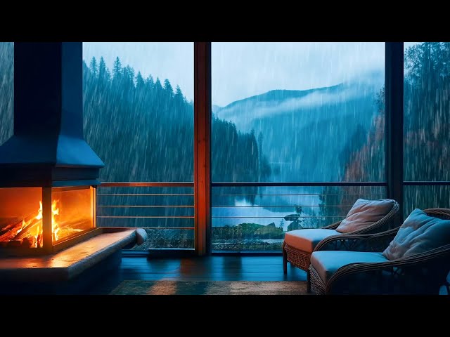 The Rain Falls Heavily on The Balcony of The Wooden House with a Cozy FirePlace Pit for Relaxing