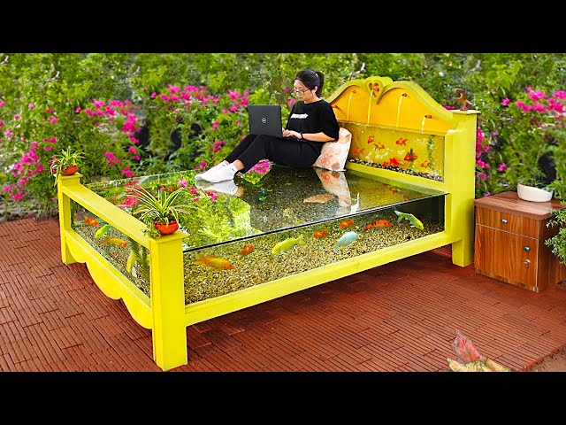 Crazy idea from cement and glass! Make beautiful outdoor aquarium bed