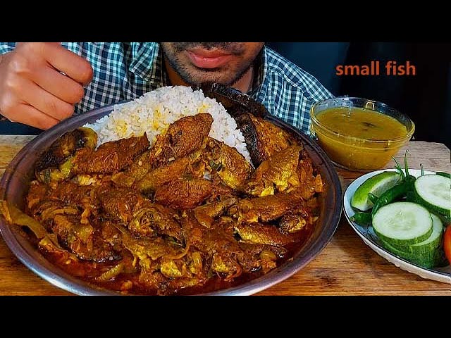 local indian river small fish curry huge rice dal salad eating show spicy small fish curry mukbang