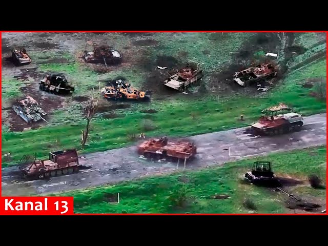 A drone view of a large number of Russian military equipment destroyed in Donetsk