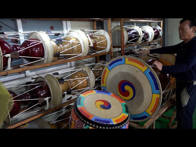 Process of Making a Korean Traditional Instrument Janggu by a Korean Percussion Instrument Artisan.