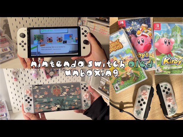 Unboxing Nintendo Switch OLED in 2024 ꒰ cute accessories, playing acnh, kirby games ꒱