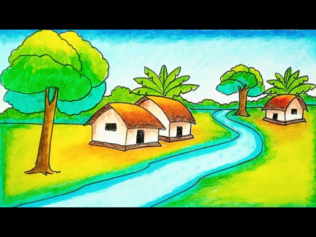 Easy Village Scenery Drawing Step By Step.
