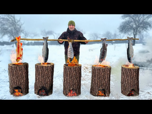 Caught And Cooked Trout Inside Logs! Life In The Distant Snowy Mountains