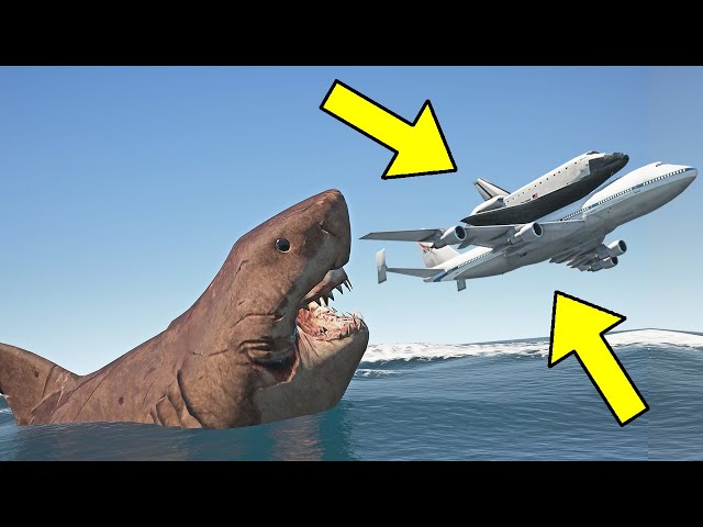 Megalodon Shark Attacks Boeing 747 Shuttle Carrier Aircraft When Flying Too Low To Ocean | GTA 5
