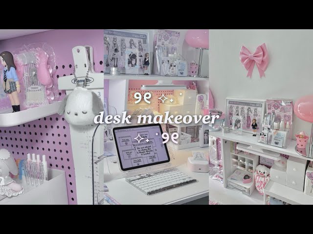 Chill night desk makeover | decorating my desk 2024 🎀 pink cozy aesthetic ୨୧♡ (lots of stationery)