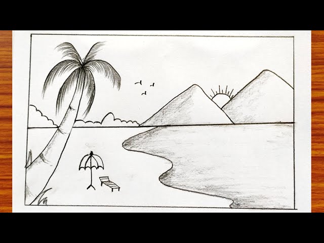 Summer season scenery in sea beach | How to draw a Sea Beach scenery easy | Easy sea beach scenery