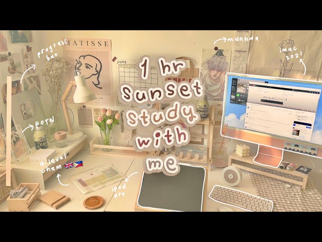 1hr real time study with me while it's golden hour 🍮  lofi music, keyboard bg noise, a-level chem