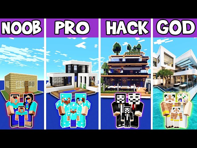 Minecraft: FAMILY PARADISE ISLAND HOUSE BUILD CHALLENGE - NOOB vs PRO vs HACKER vs GOD in Minecraft