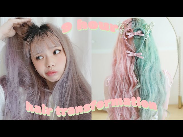 HAIR TRANSFORMATION! pink & mint split 🌸🌿 + i dyed my friend's hair like Xiao from Genshin Impact 😳