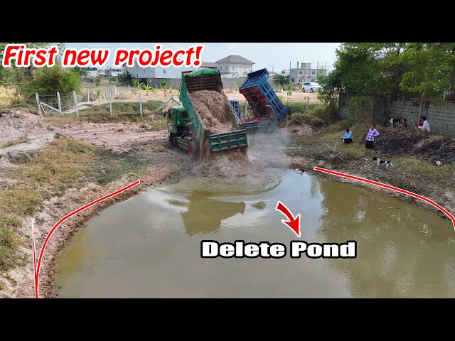First Open new project! Delete pond Pouring soil With Team Trucks And Dozer Push soil to Water