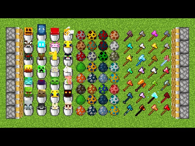 x100 mobs buckets and all eggs and X400 axe combined