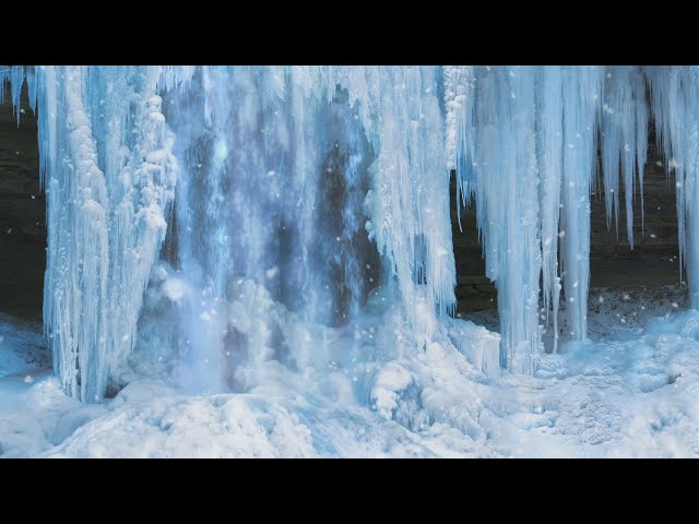 Icy Waterfall Sounds | Falling Water and Snowstorm Ambience
