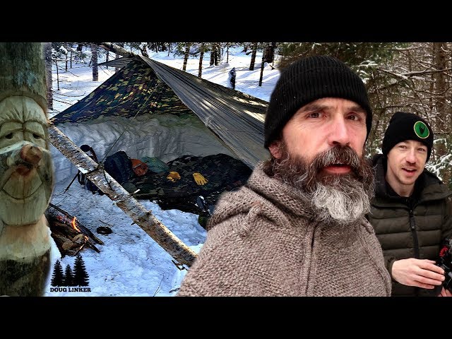 Winter Bushcraft Camp -Snow Trench and Tarp Shelter, Goat Roast, Woodcarving