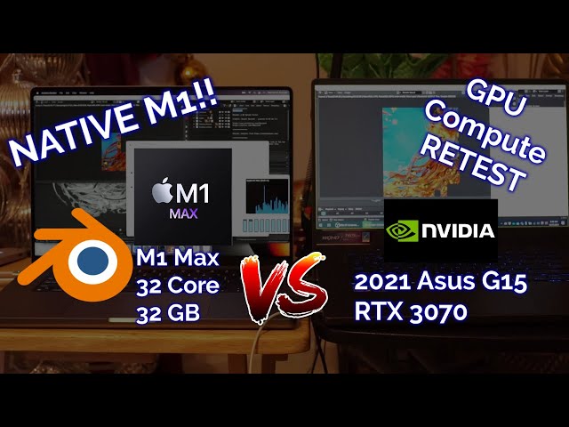 M1 Max 2021 Macbook Pro 16 - 32 C 32 GB - Blender Render Test Native vs GPU RTX 3070  - Battery off