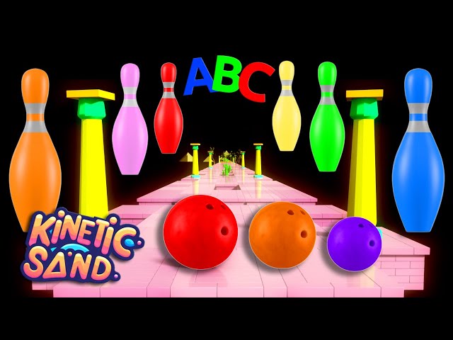 Alphabet Song Safari: Bowling Ball's Kinetic Sand Adventure with Fruits Colors Shapes and Numbers!