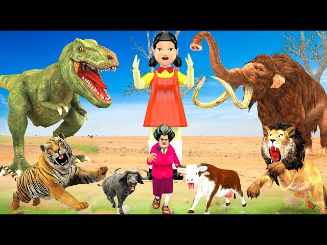 Who Is Faster Game With Cow Gorilla Mammoth Elephant Lion Dinosaur Squid game Doll Scary Teacher 3D