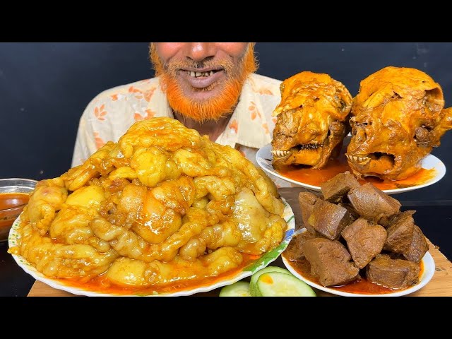 Eating Most Oily Mutton Fat Curry,Two Goat Head Curry,Mutton Liver Curry With Rice || Asmr Mukbong