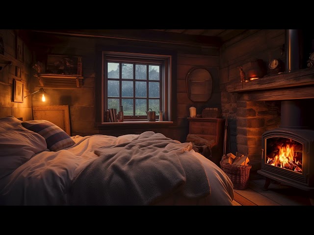 Deep Sleep in Cozy Bedroom with Crackling Fireplace Burning at Night丨Relaxing Rain Atmosphere ASMR