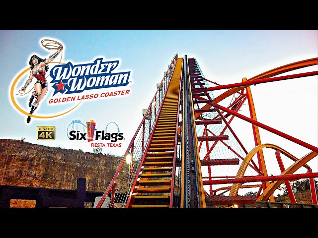 2024 Wonder Woman Golden Lasso Coaster at Sunset On Ride Front Seat 4K POV Six Flags Fiesta Texas