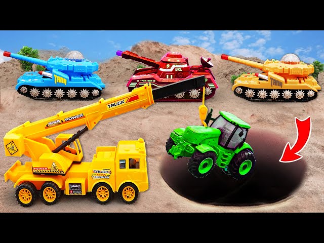 Mini tractor, tank, truck, cranes - rescue tractors falling into sand pits - BHDV Toys