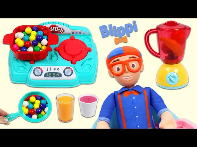 Blippi Pretend Cooking Magic Rainbow Gumballs with Toy Kitchen Stove & Blender Playsets!