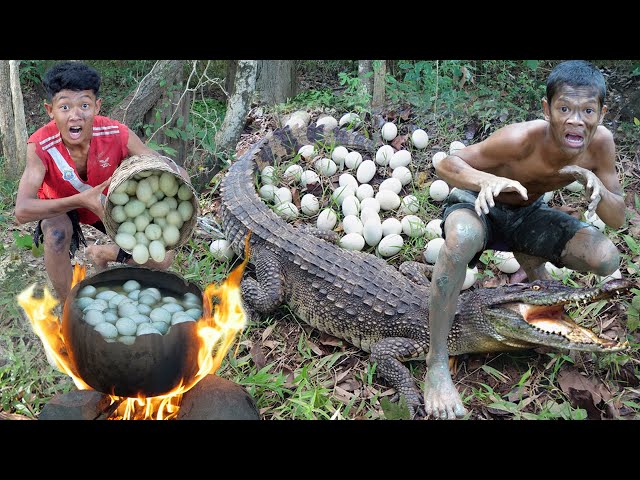 Meet crocodile, in forest & egg cooking | Primitive technology
