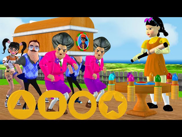 Scary Teacher 3D vs Squid Game Wooden wheel and NickJoker Troll Hello Neighbor with Coffin Dance