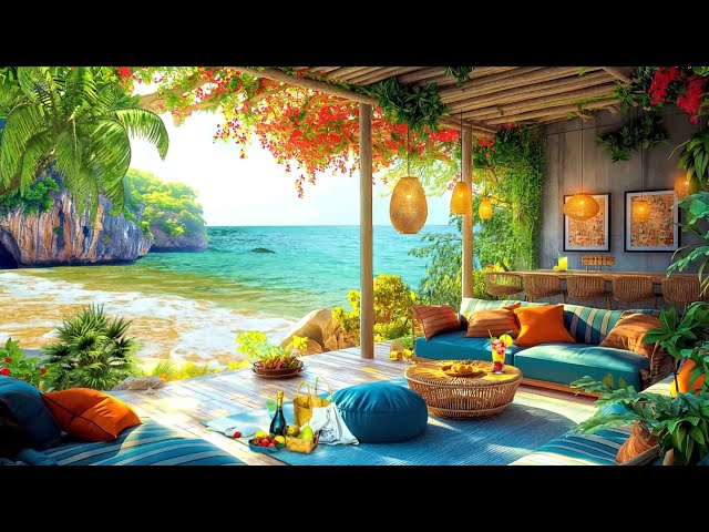 Positive Summer Jazz at a Sunny Seaside Porch Ambience 🌴 Smooth Jazz Music & Ocean Waves for Relax