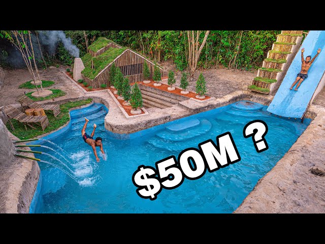 90 Days Build Underground Hut with Grass Roof and Swimming Pool with Waterslide