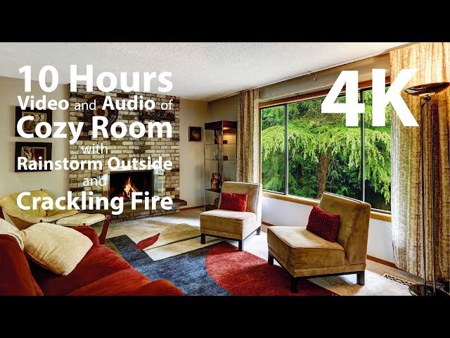 4K HDR 10 hours - Cozy Ambient Room, Storm Outside & Crackling Fireplace Audio - relaxing, warm