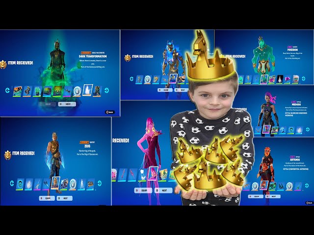 My 10 Year Old Kid Getting A Fortnite GOLD CROWN Victory Win Using ALL 7 NEW Battle Pass Skins