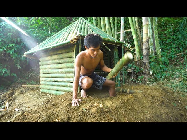 Building complete and warm survival shelter | Bamboo house in the cliff & fireplace with clay