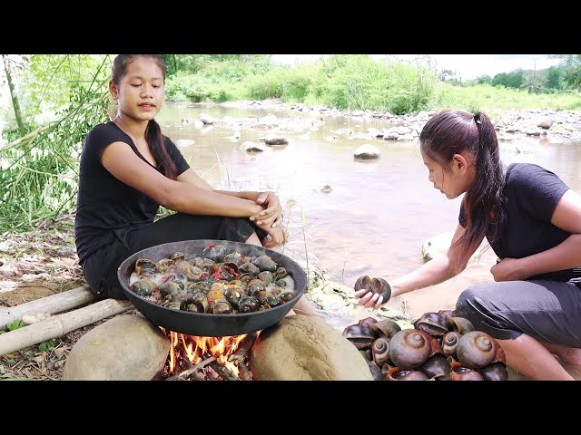 Found & Catch Snails in River for Food - Snail boiled with Peppers for Eating delicious in Jungle
