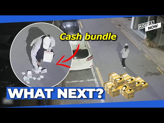 Where did young woman go after picking up a bundle of cash?