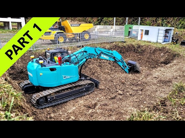 RC Mining, Rock and sand extraction, Excavator Kobelco SK270SR, Volvo 4x4 Dumper, RC Scale. Part 1