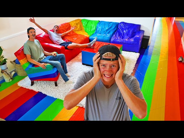 We Rainbow Duct Taped his ENTIRE House Prank! *SATISFYING*