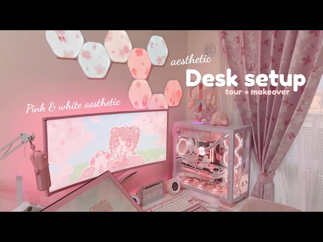 desk setup tour + makeover 🌸 pink & white aesthetic ☁️ PC build | nanoleaf Japan
