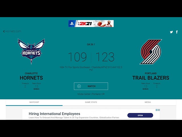 Charlotte Hornets vs Portland Trail Blazers Scoreboard - LIVE