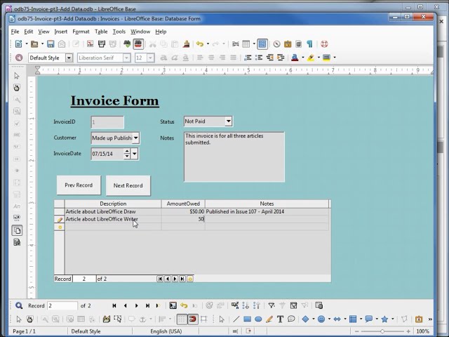 LibreOffice Base (75) Home Invoice pt3 Add Data