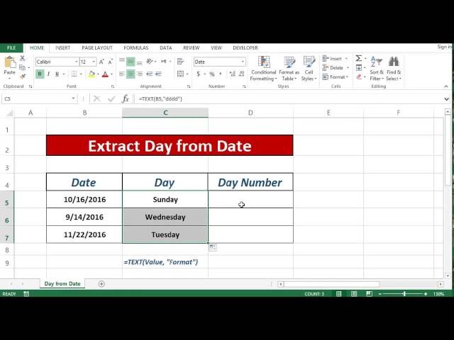 Formula to Extract Day Name from date in excel 2013|2016 - YouTube