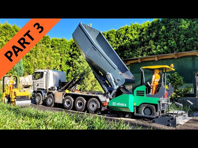 Road construction, RC excavator, Finisher Voegele, paving, Kobelco SK270SR Scania truck. Part 3