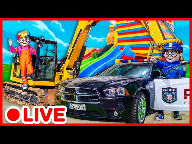 🔴 LIVE | POLICE CARS, EXCAVATORS AND SLIDES 🚓 Kids Pretend To Play Compilation