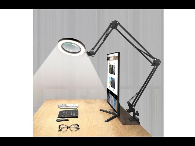 Magnifying Glass Desk Lamp with 3-Section Swing Arm and Big Clamp