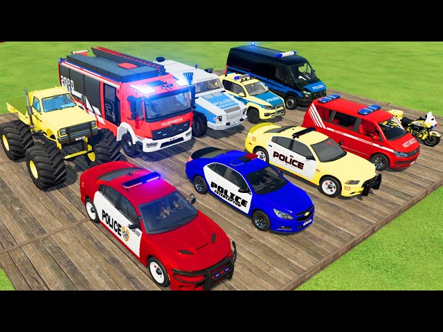 TRANSPORTING POLICE CARS, MONSTER TRUCK, AMBULANCE, CARS, FIRE TRUCK OF COLORS! WITH TRUCKS! - FS 22