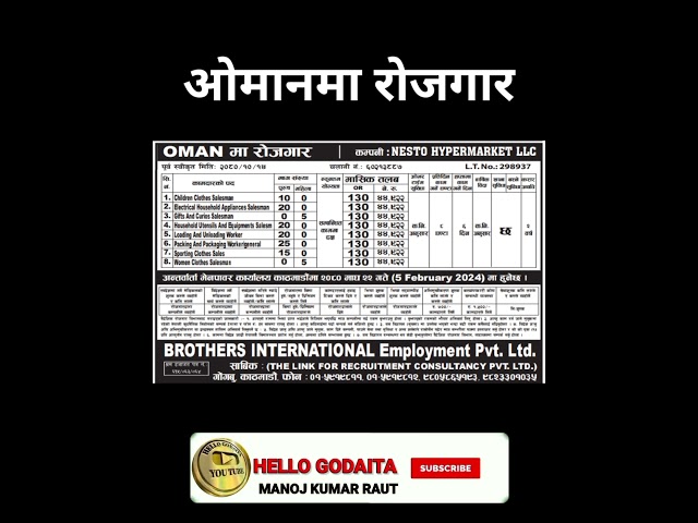 Oman job vacancy for Nepalese | nesto hyper market |