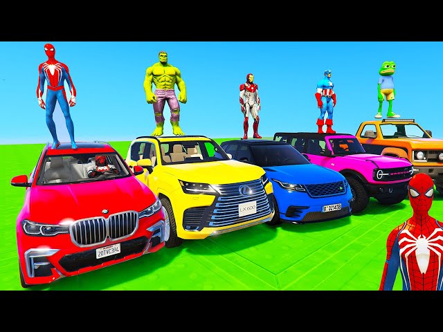 SPIDERMAN CARS Race MEGA Mountain Ramp Challenge ! SUPERHERO HULK Iron Man Goku JEEP Race - GTA V